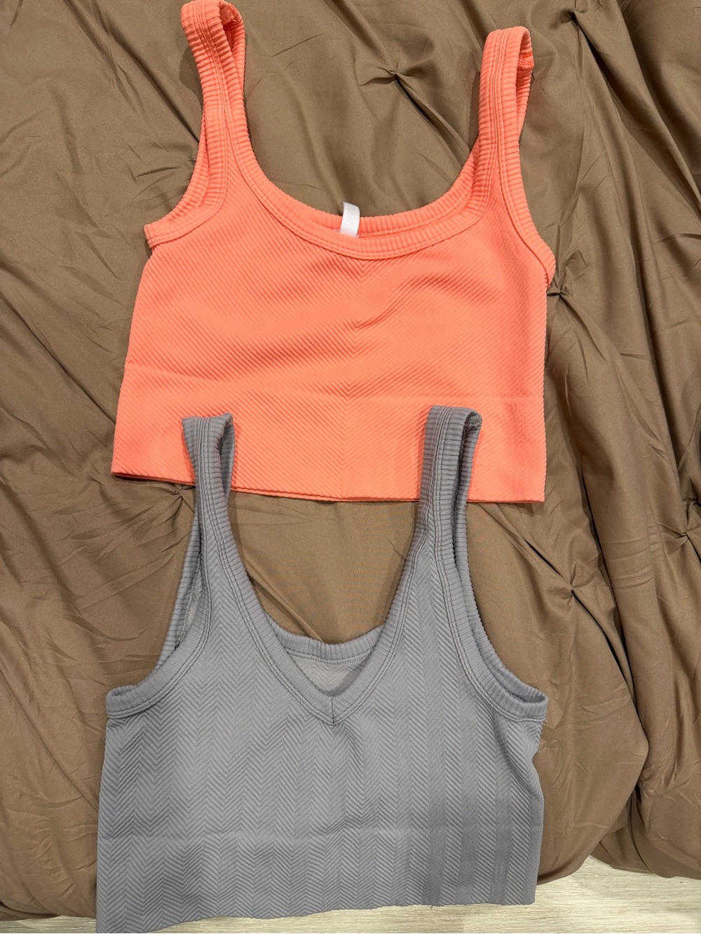 Nikibiki Coral & Gray Ribbed Scoop and V-Neck Crop Tops Duo